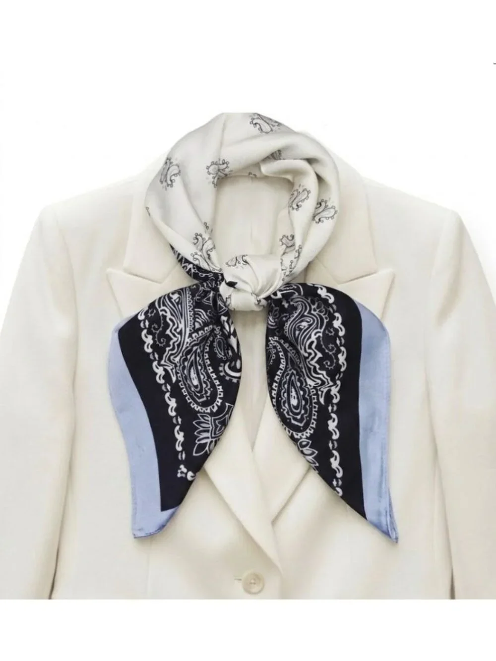 ✨Silky Scarf Soft Blue Navy White Paisley Floral Square Bandana Neck Wrap Hijab